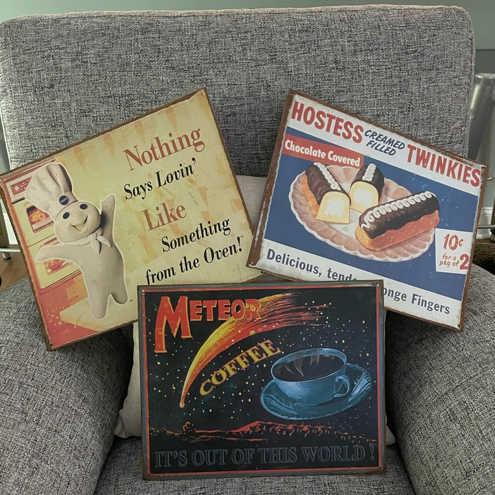 Pillsbury, Twinkie, & Meteor coffee tin signs